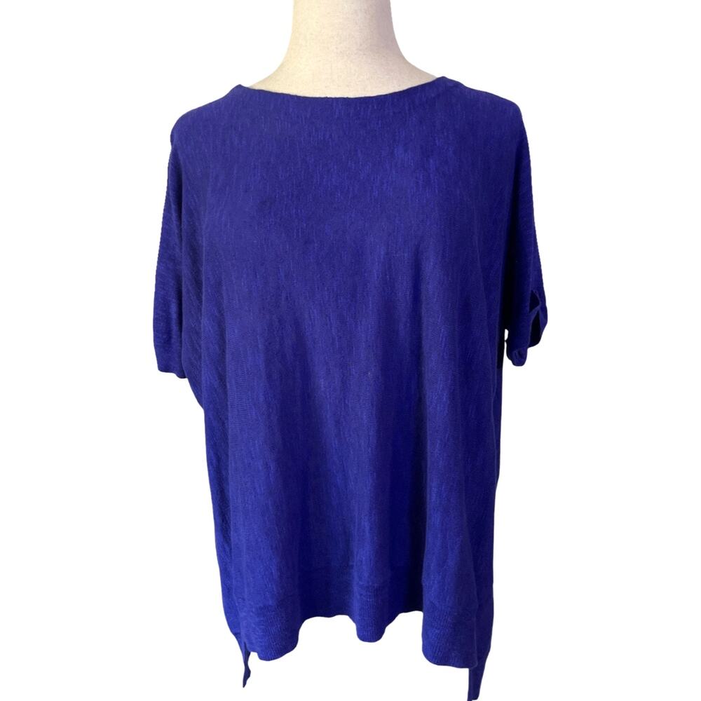 Eileen Fisher Organic Linen Cotton Knit Top XL Blue Short Sleeve Blouse VGUC